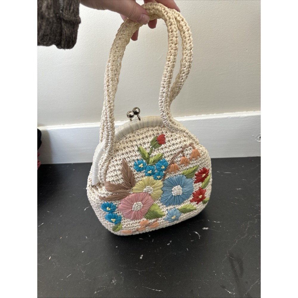 VTG 60s Magid Made In Japan Raffia Floral Embroidered Pinup Boho Handbag Purse - Picture 2 of 16
